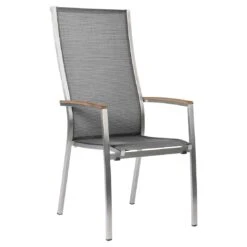 Stern Cardiff Hochlehner-Stapelsessel Edelstahl/Textilene Mit Teakholz-Armlehnen Silber/Silbergrau
