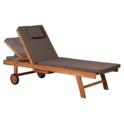 DeVries Woodie Gartenliege Mit Rädern Teak/Polyester Natur/Grau