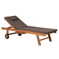 DeVries Woodie Gartenliege Mit Rädern Teak/Polyester Natur/Grau -Gartenmöbel Verkauf devries woodie gartenliege mit raedern teak polyester 1438616 4